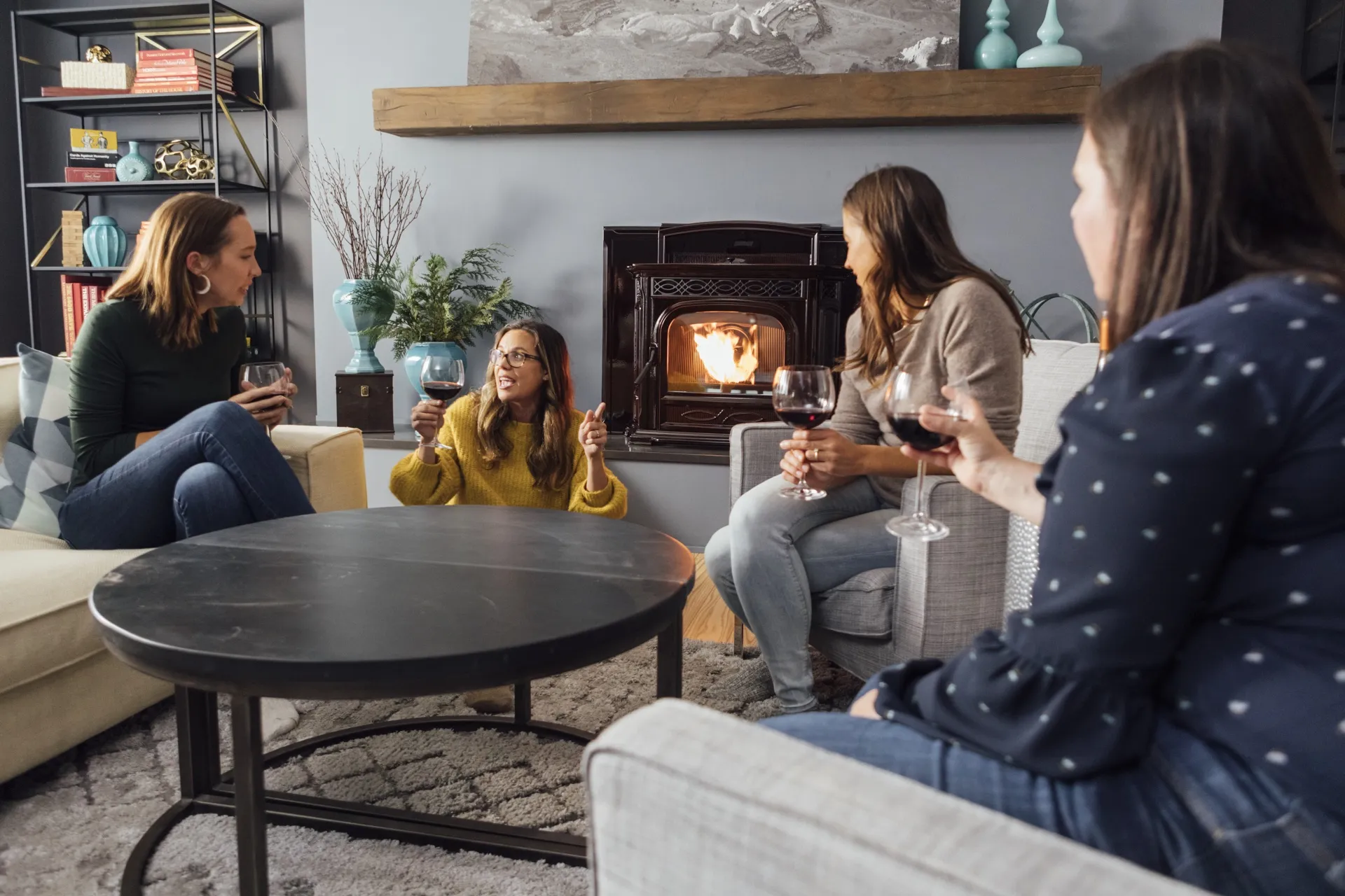 A Harman Accentra pellet stove warming a cozy living room