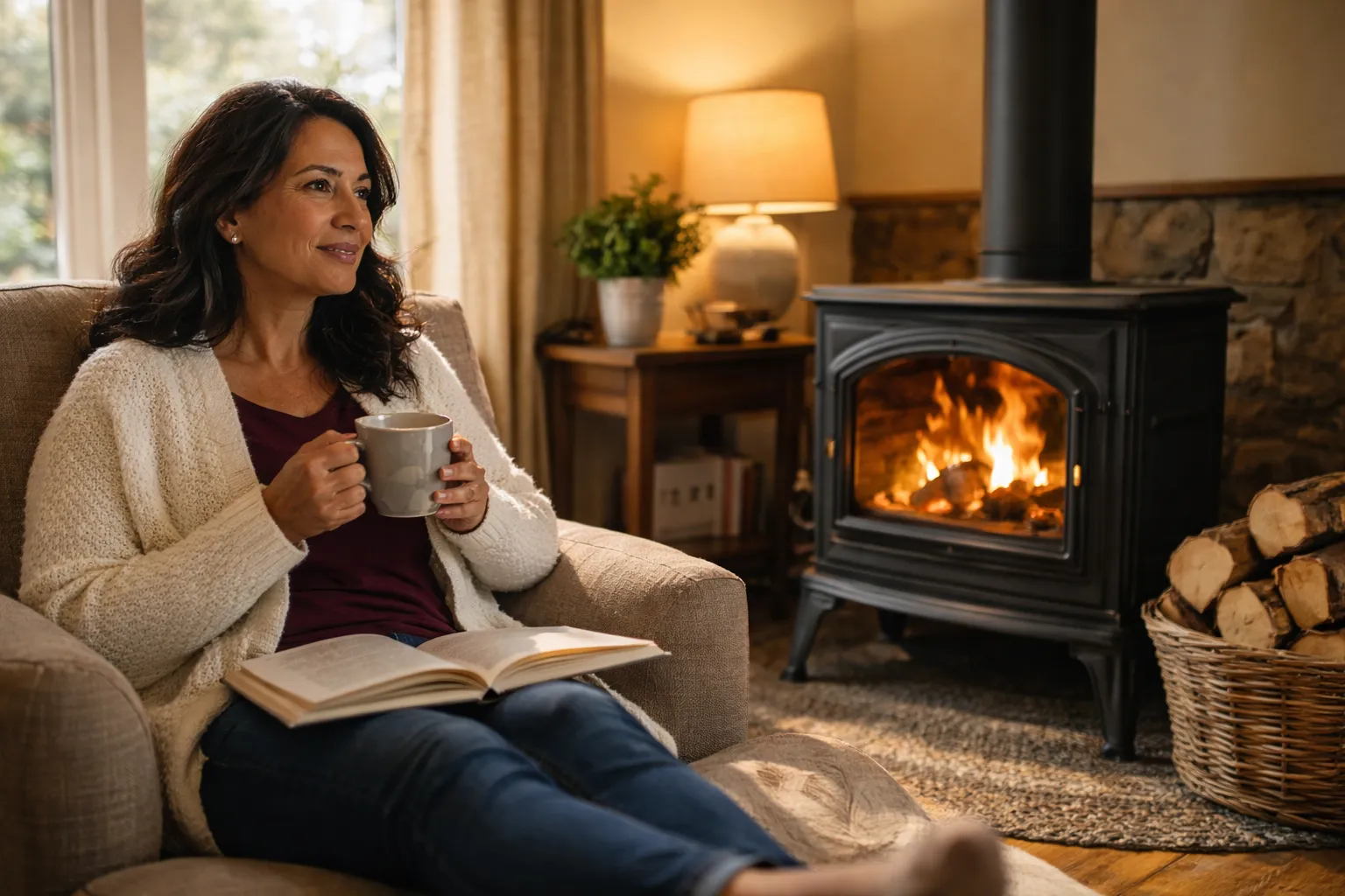 Woman relaxing with a book and coffee beside a warm wood stove